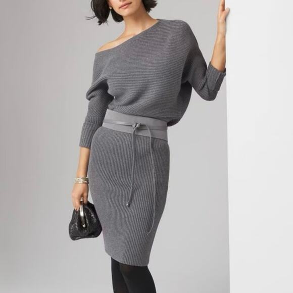WHBM Off the Shoulder Ribbed Gray Sweater Midi‎ Dress Women's Size XL NEW - Picture 2 of 12